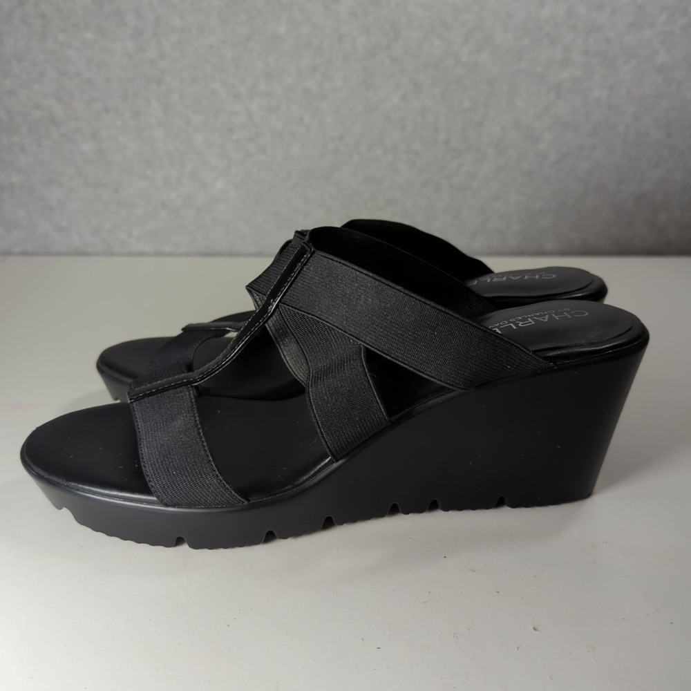 Charles By Charles David‎ Black Patent Platform Wedge Slip On Sandal 8.5 Elastic